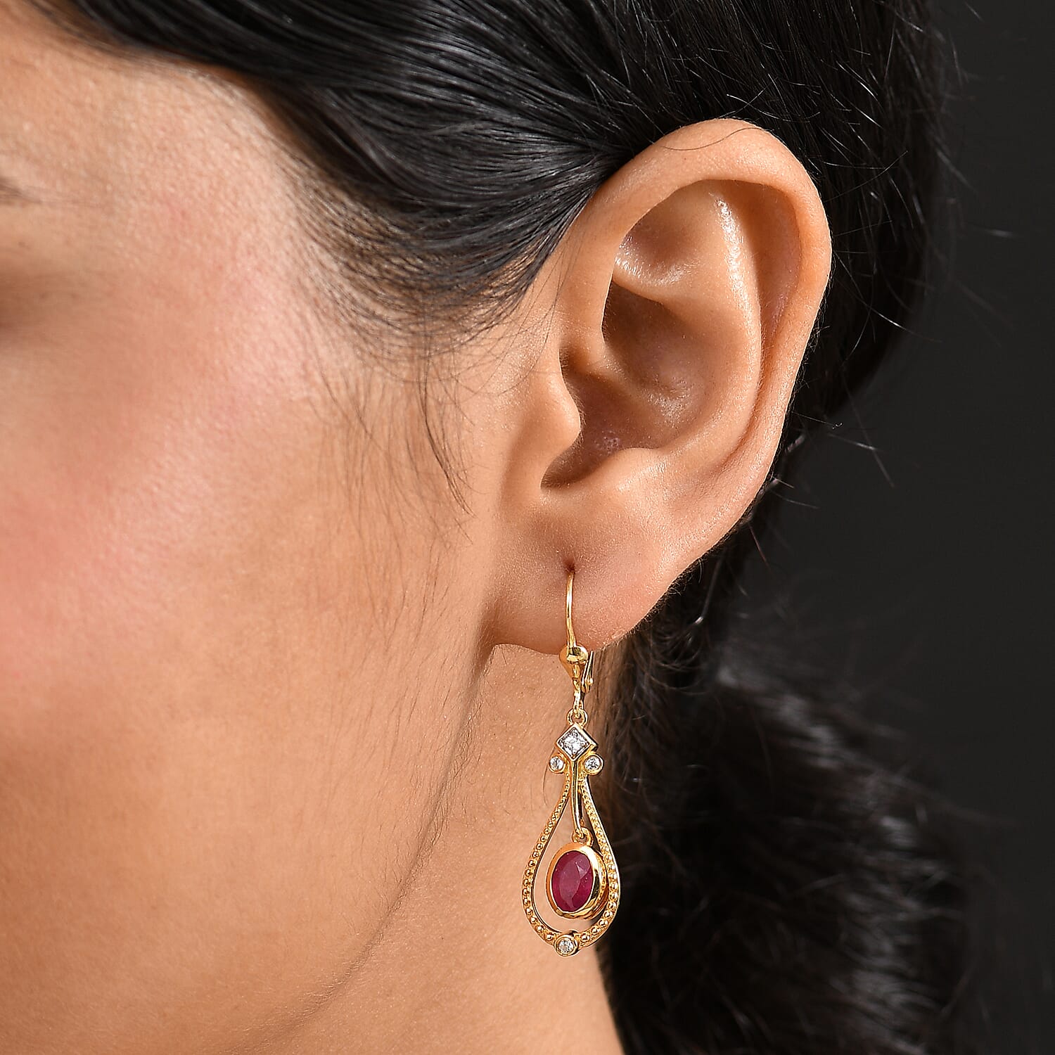 Djoy African Ruby & White Zircon Dangling Earring in 14K Yellow Gold Plated Sterling Silver 2.39 Ct.