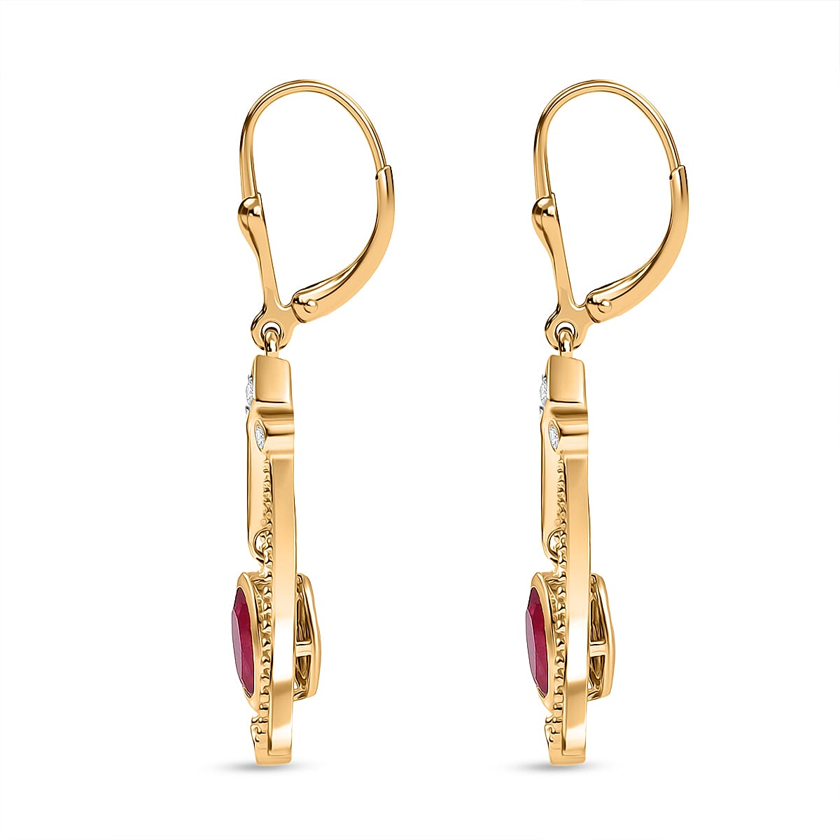 Djoy African Ruby & White Zircon Dangling Earring in 14K Yellow Gold Plated Sterling Silver 2.39 Ct.