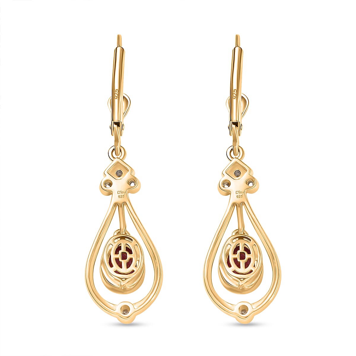 Djoy African Ruby & White Zircon Dangling Earring in 14K Yellow Gold Plated Sterling Silver 2.39 Ct.