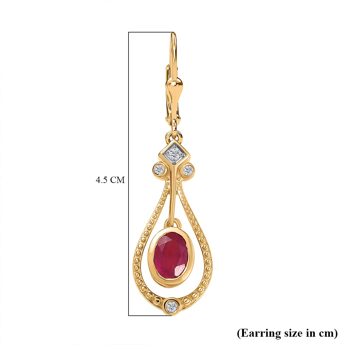 Djoy African Ruby & White Zircon Dangling Earring in 14K Yellow Gold Plated Sterling Silver 2.39 Ct.