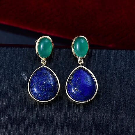 Lapis Lazuli & Verde Onyx Stud Push Post Earring in Yellow Gold Plated 13.36 Ct.