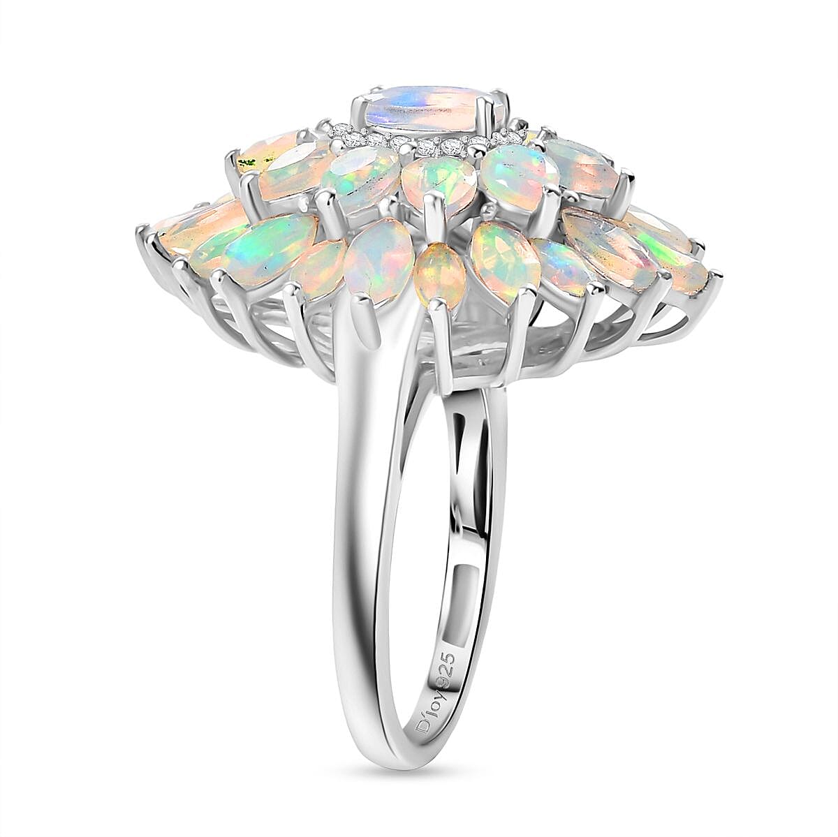 Djoy Ethiopian Opal & White Zircon Cluster Lotus in Sunlight Ring in Rhodium Overlay Sterling Silver 2.85 Ct.