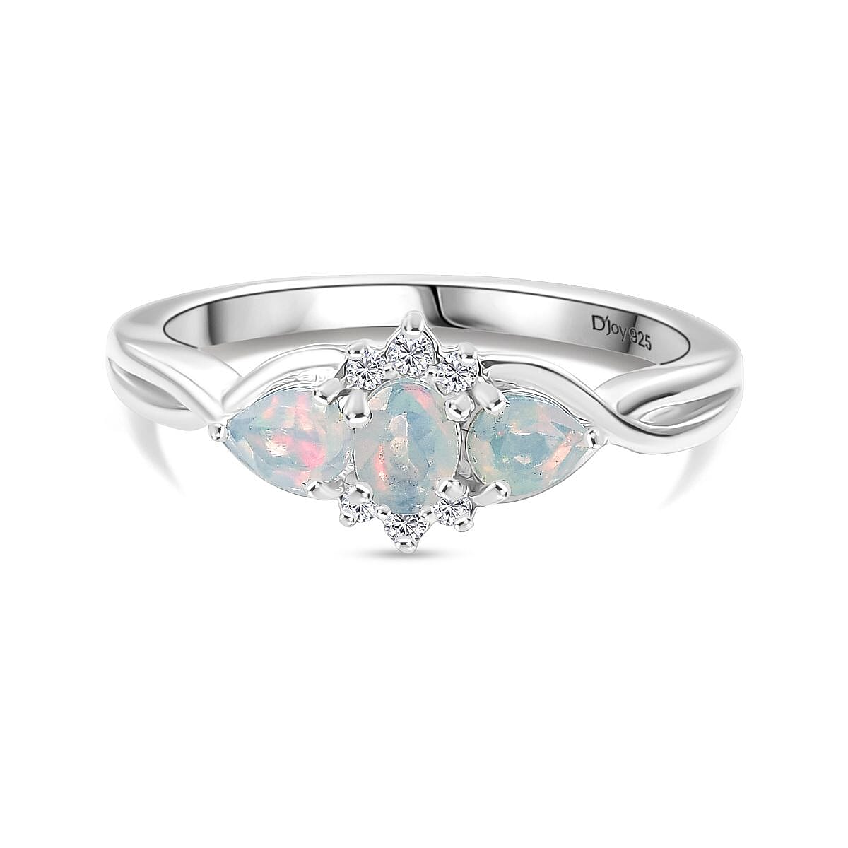 Djoy Ethiopian Opal & White Zircon Cluster Whispers of Fire Ring in Rhodium Overlay Sterling Silver
