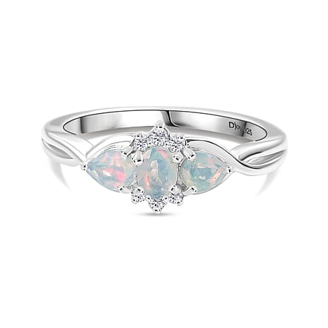 Djoy Ethiopian Opal & White Zircon Cluster Whispers of Fire Ring in Rhodium Overlay Sterling Silver