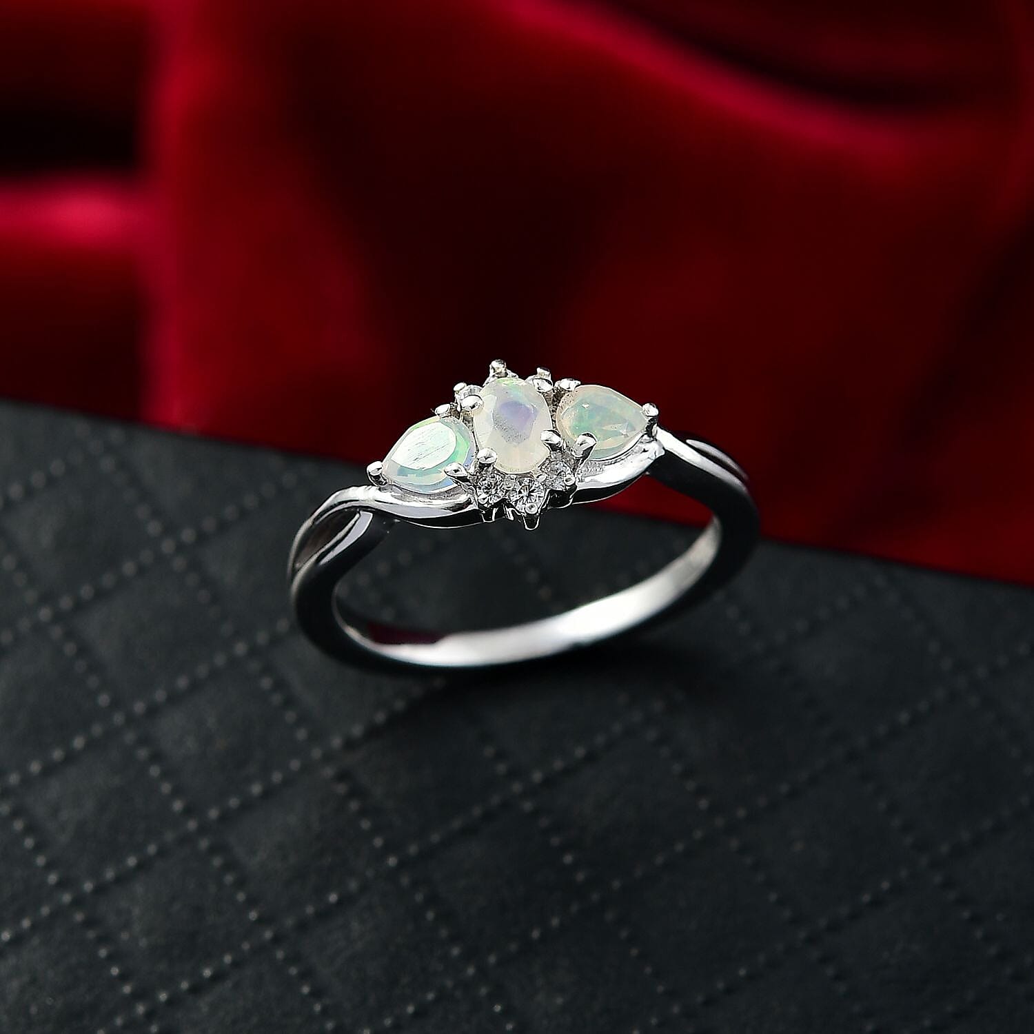 Djoy Ethiopian Opal & White Zircon Cluster Whispers of Fire Ring in Rhodium Overlay Sterling Silver