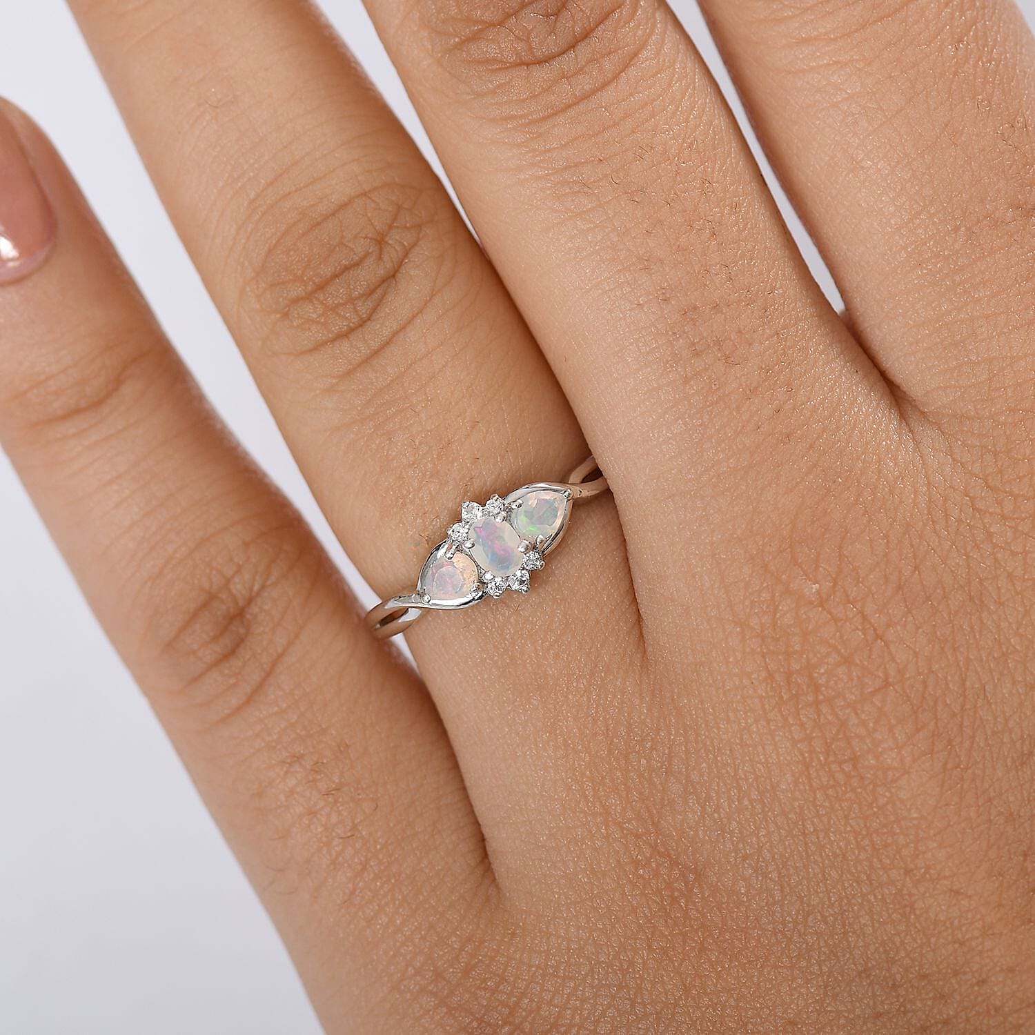 Djoy Ethiopian Opal & White Zircon Cluster Whispers of Fire Ring in Rhodium Overlay Sterling Silver
