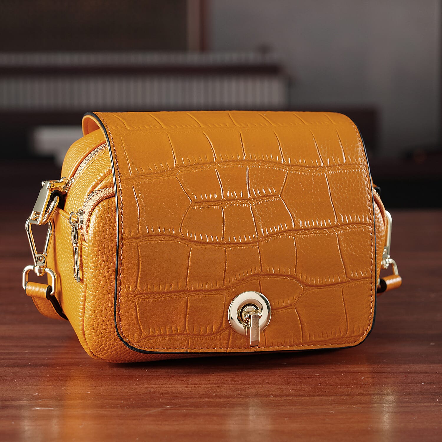 Designer - Inspired Genuine Leather Satchel Bag - Yellow