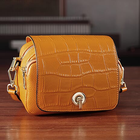 Designer - Inspired Genuine Leather Satchel Bag - Yellow