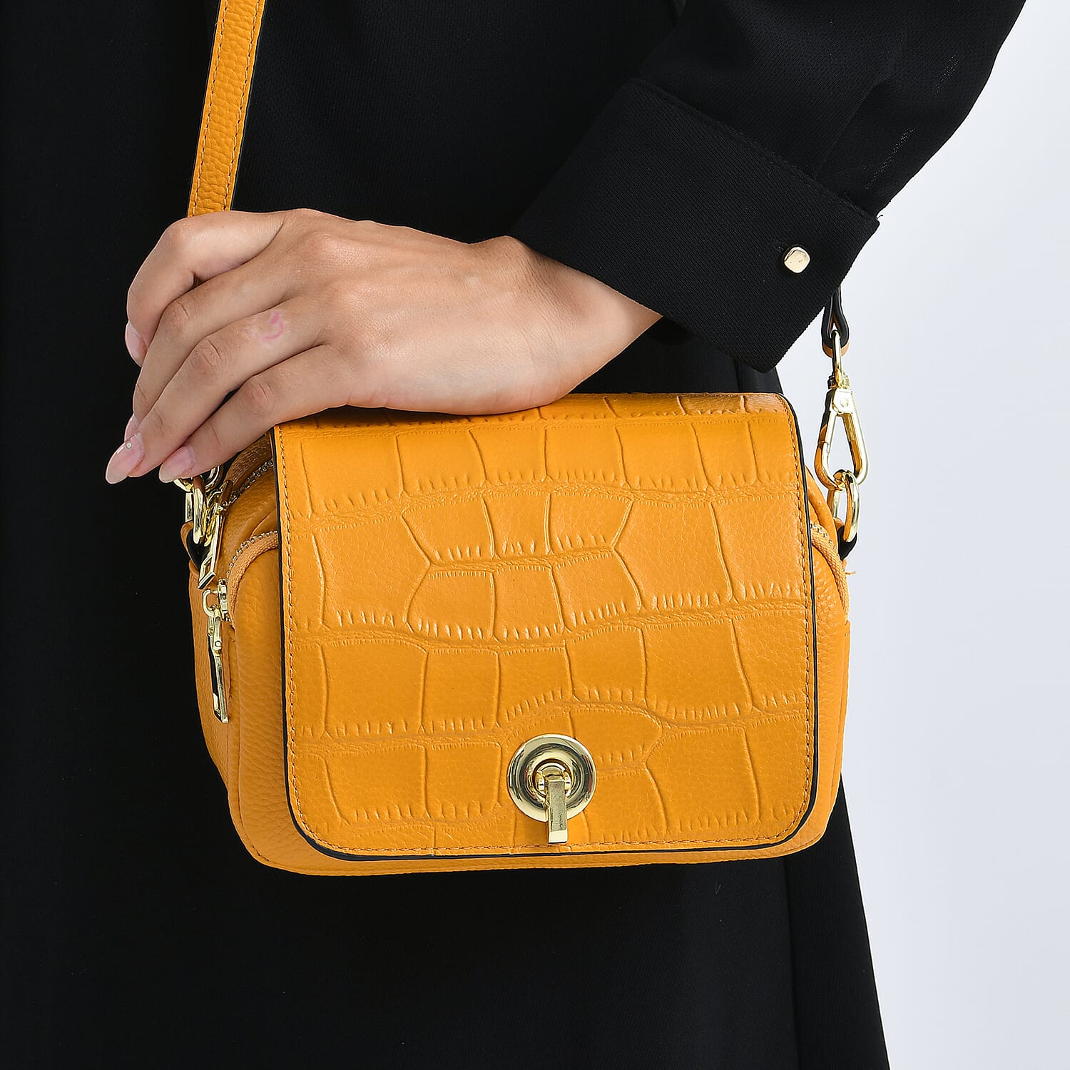 Designer - Inspired Genuine Leather Satchel Bag - Yellow