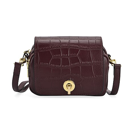 Designer - Inspired Genuine Leather Satchel Bag - Dark Burgundy