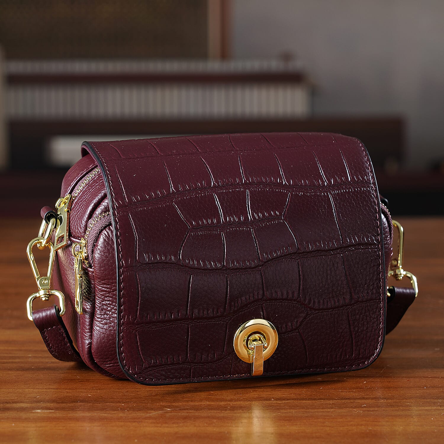 Designer - Inspired Genuine Leather Satchel Bag - Dark Burgundy