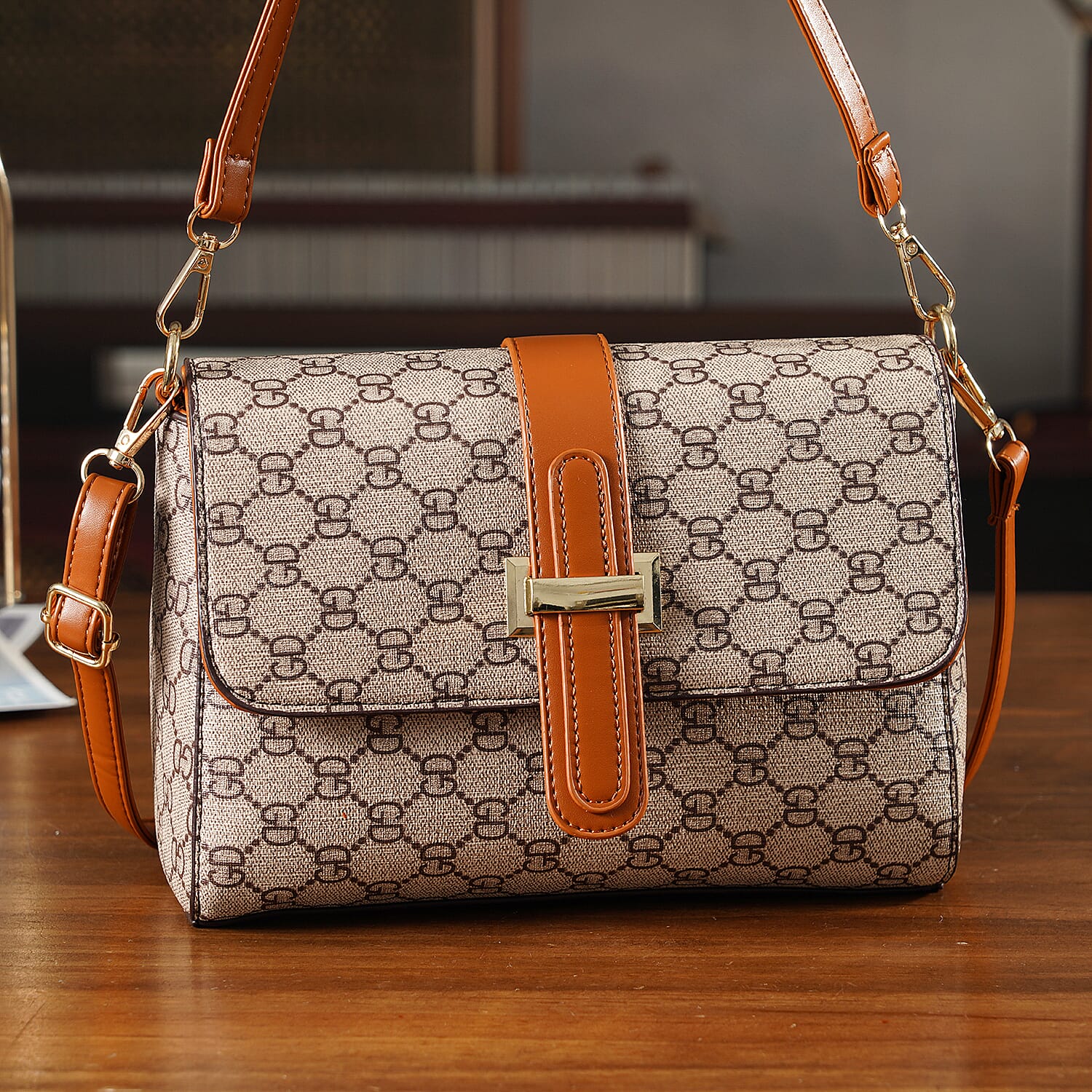 Monogram Pattern Crossbody Bag - Light Khaki