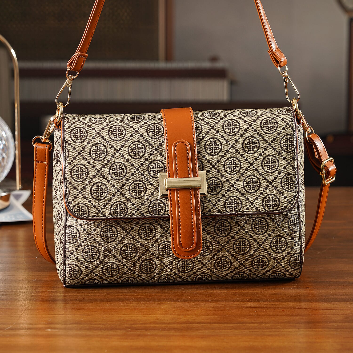 Monogram Pattern Crossbody Bag - Beige