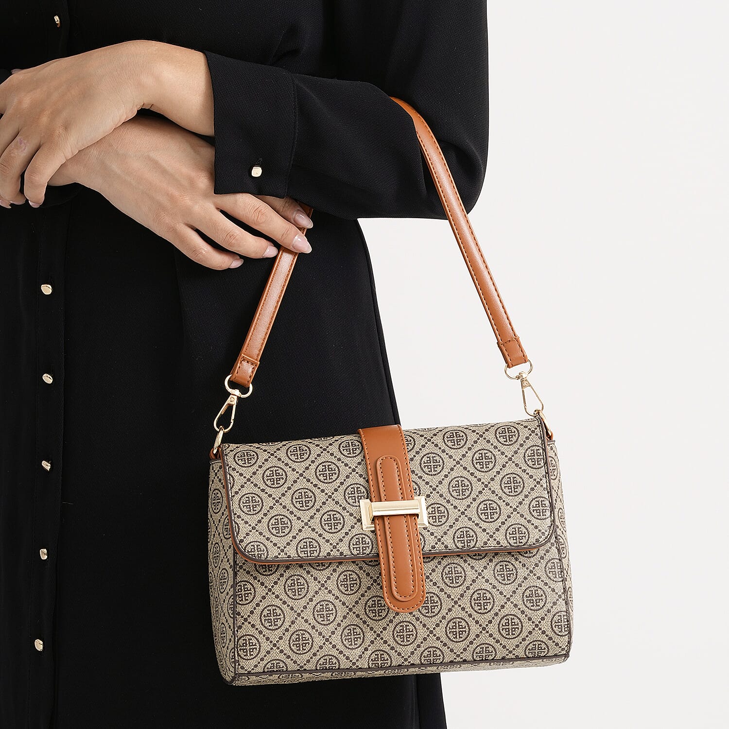 Monogram Pattern Crossbody Bag - Beige