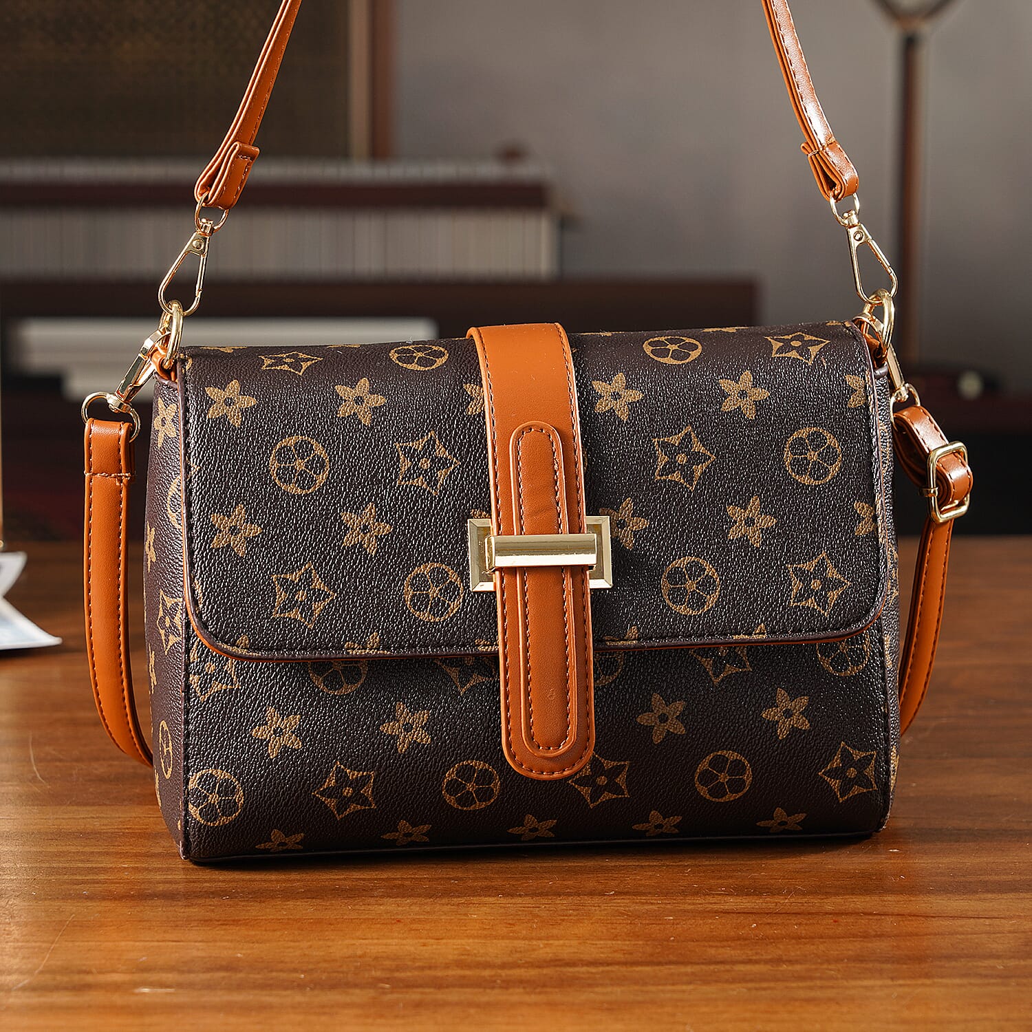 Monogram Pattern Crossbody Bag - Dark Brown