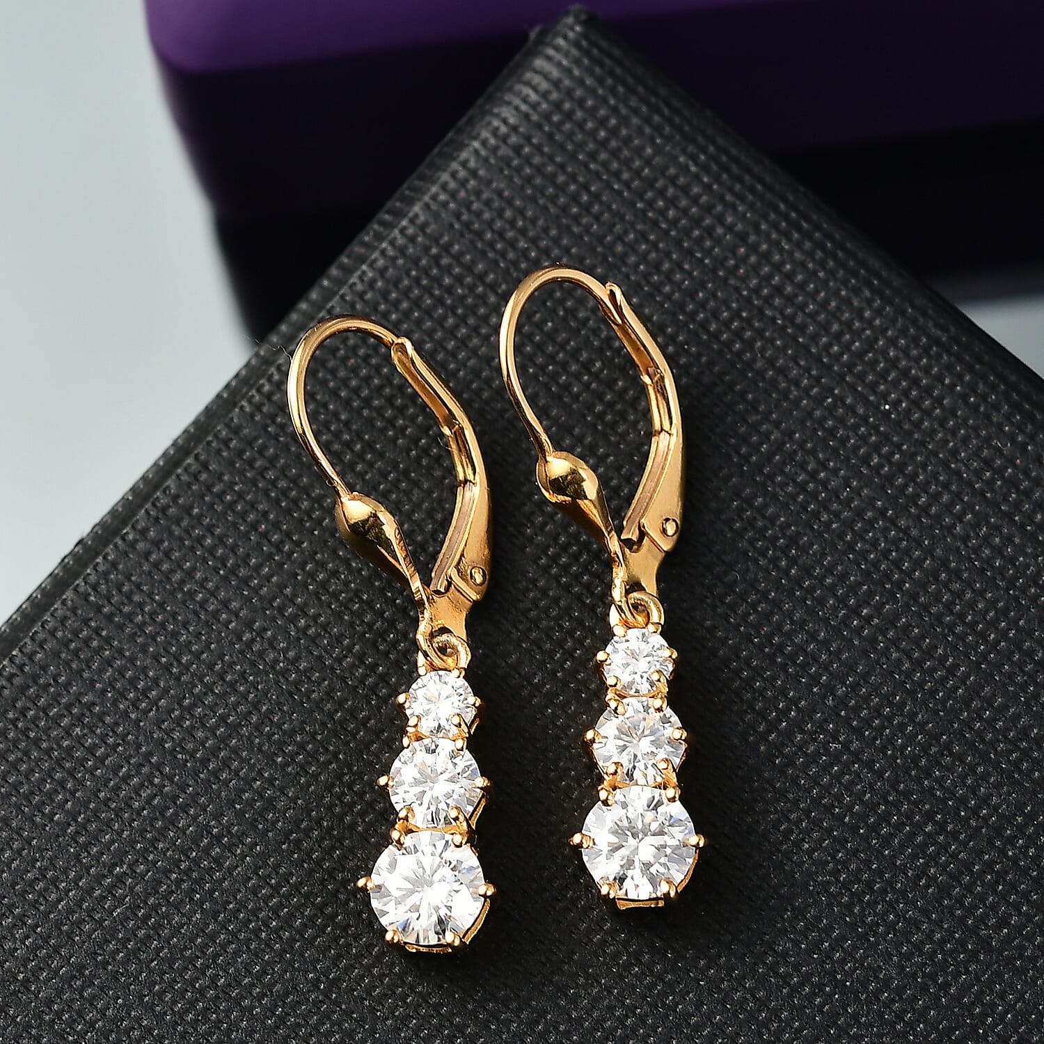 D'joy Moissanite Solitaire Lever Back Earring in 14K Yellow Gold Plating Sterling Silver 1.50 Ct.