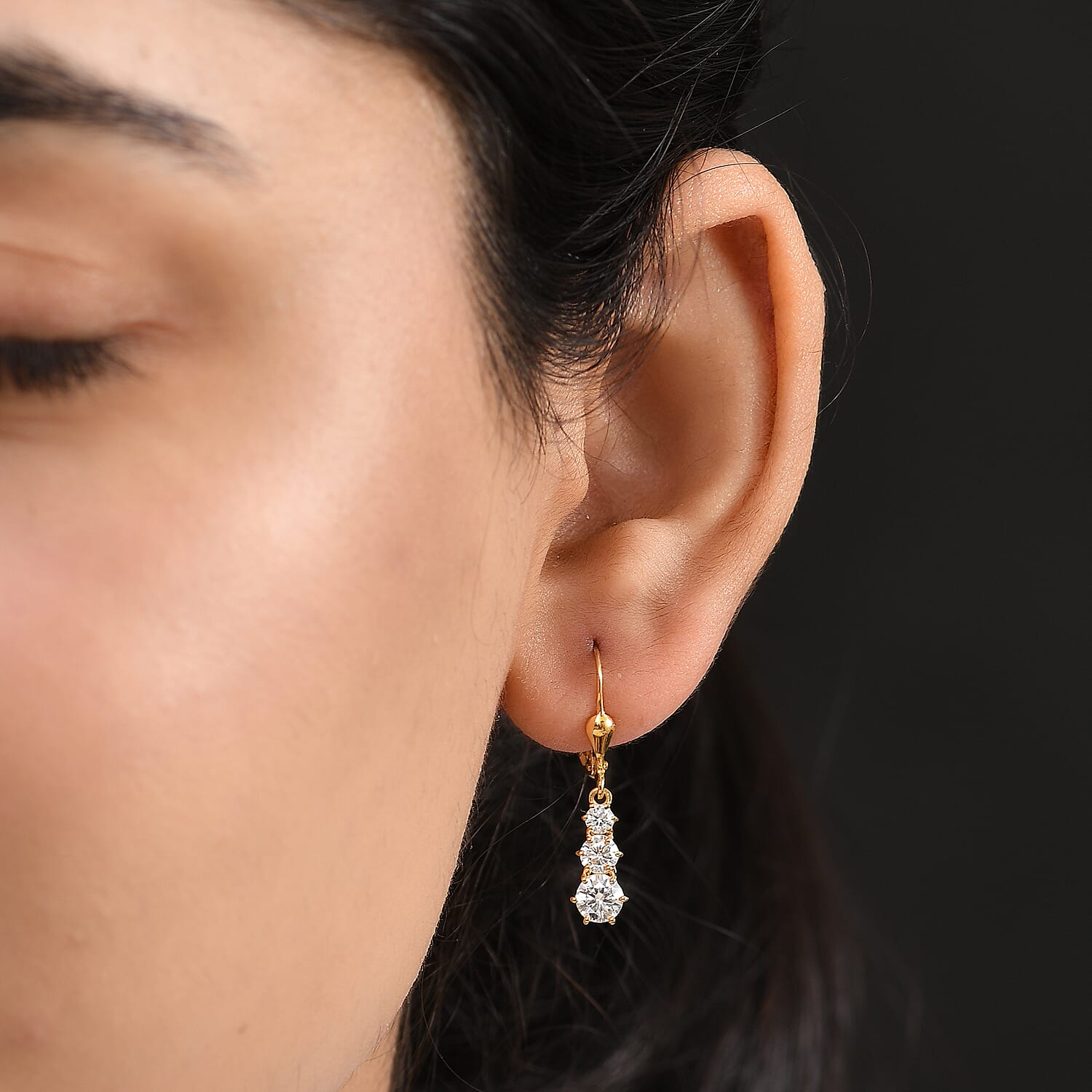 D'joy Moissanite Solitaire Lever Back Earring in 14K Yellow Gold Plating Sterling Silver 1.50 Ct.