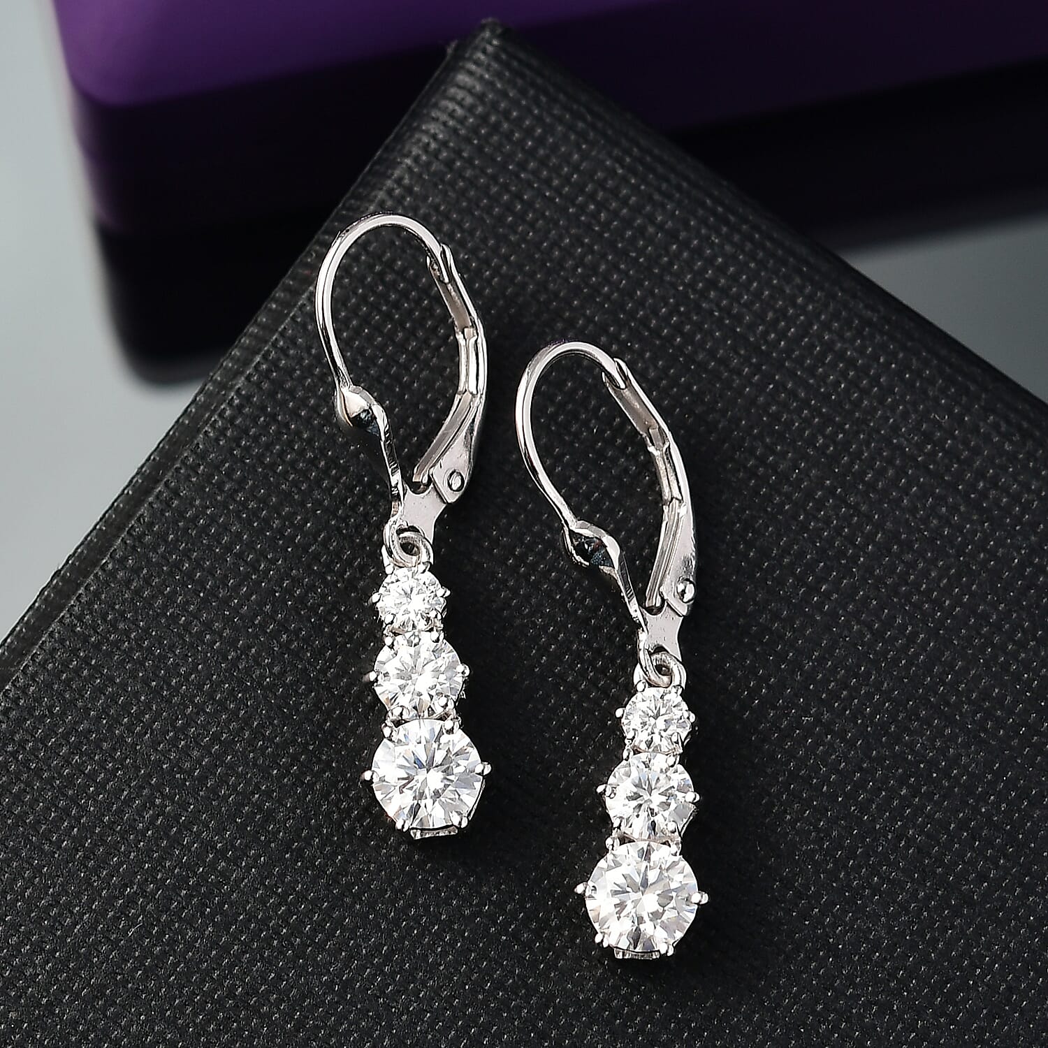 D'joy Moissanite Solitaire Lever Back Earring in Platinum Overlay Sterling Silver 1.50 Ct.