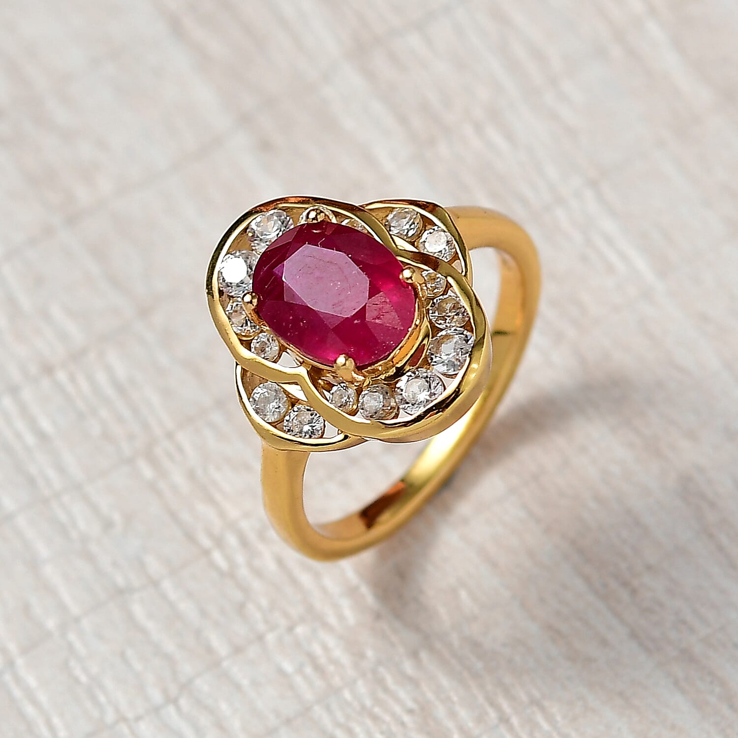 D'joy AAA African Ruby & White Zircon Ring in 14K Gold Overlay Sterling Silver 3.54 Ct.