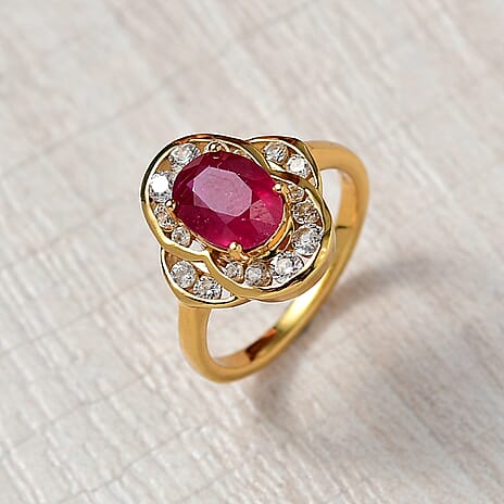 D'joy AAA African Ruby & White Zircon Ring in 14K Gold Overlay Sterling Silver 3.54 Ct.