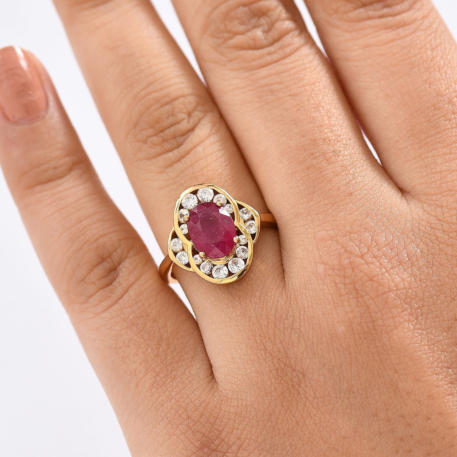 D'joy AAA African Ruby & White Zircon Ring in 14K Gold Overlay Sterling Silver 3.54 Ct.