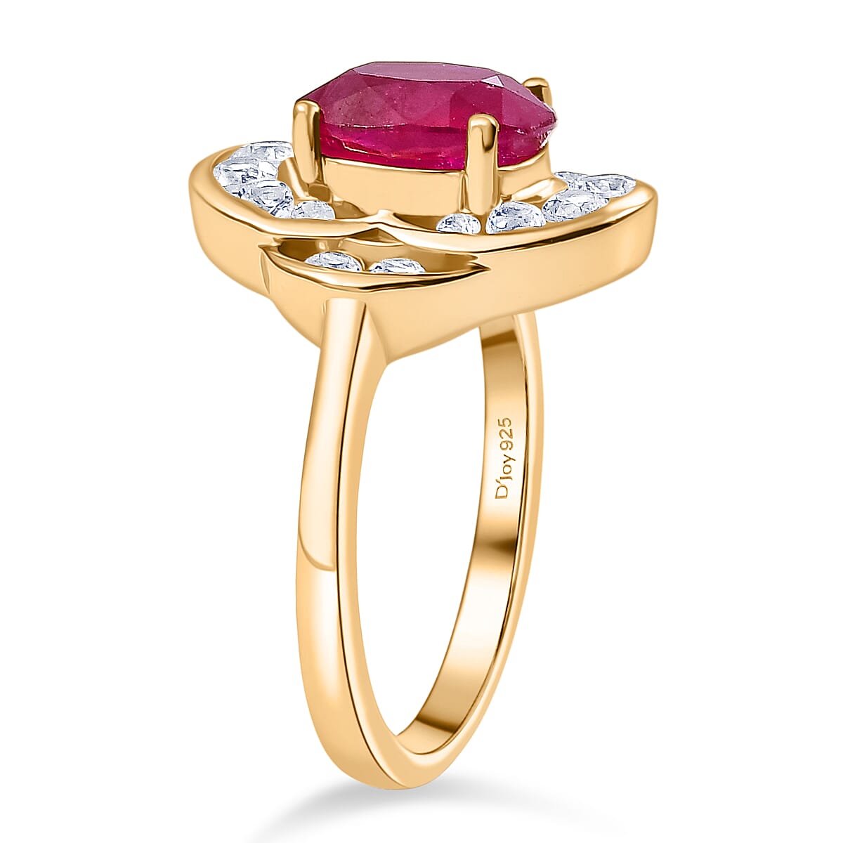 D'joy AAA African Ruby & White Zircon Ring in 14K Gold Overlay Sterling Silver 3.54 Ct.