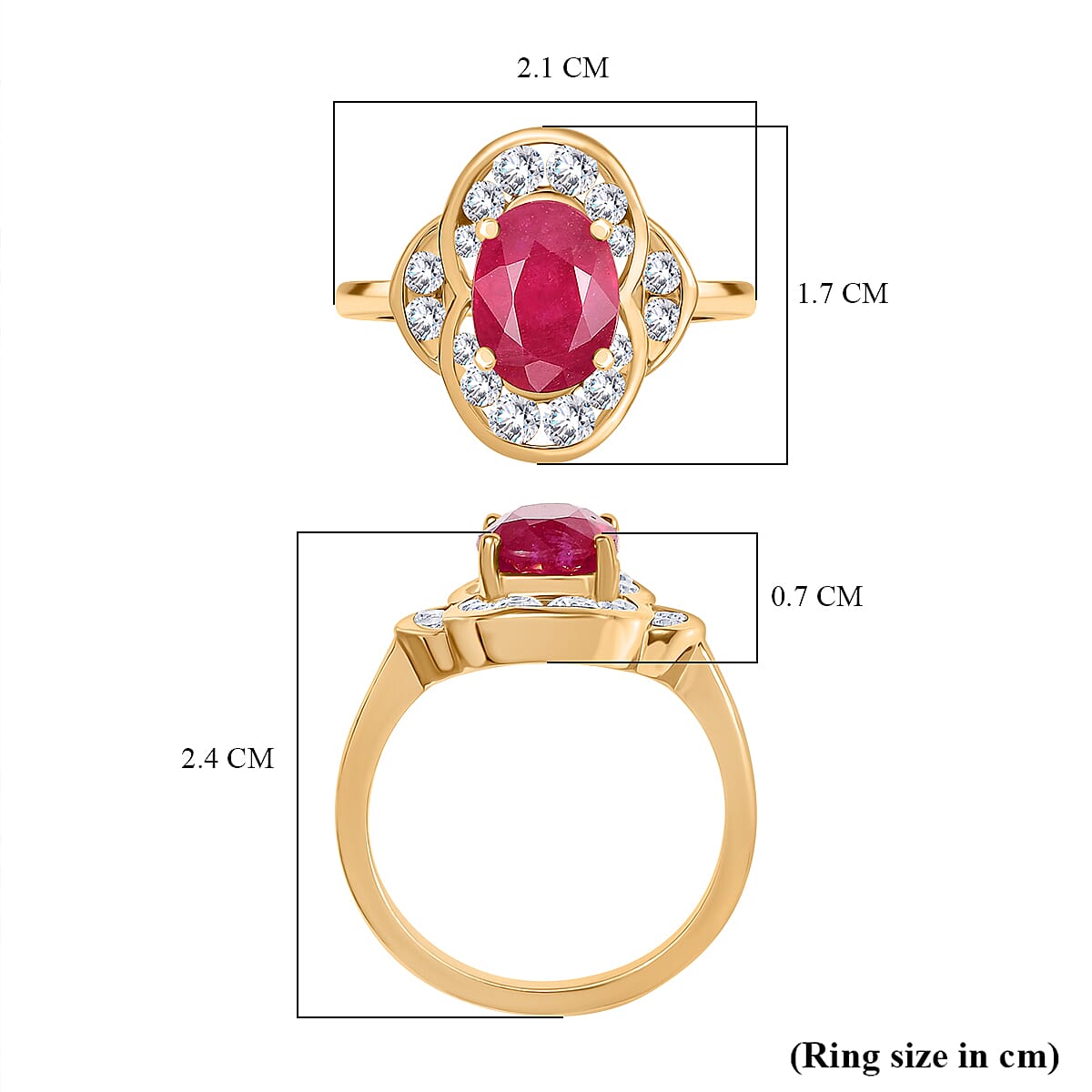 D'joy AAA African Ruby & White Zircon Ring in 14K Gold Overlay Sterling Silver 3.54 Ct.