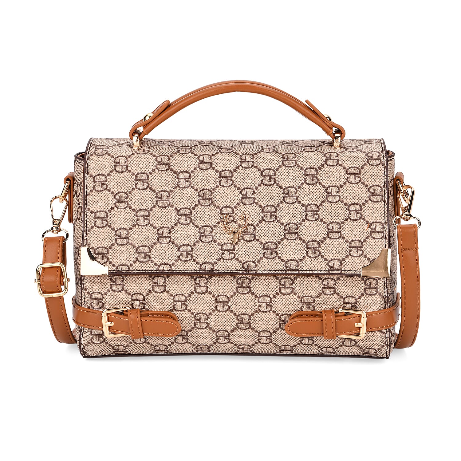 Designer-Inspired Geometric Pattern Sling Handbag - Light Khaki