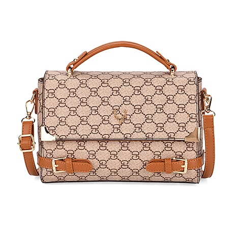 Designer-Inspired Geometric Pattern Sling Handbag - Light Khaki