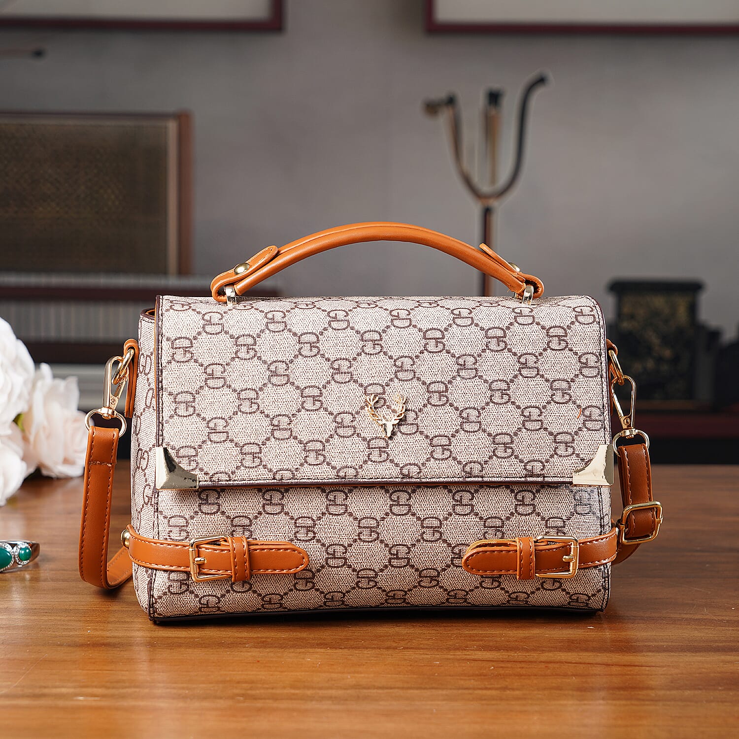 Designer-Inspired Geometric Pattern Sling Handbag - Light Khaki