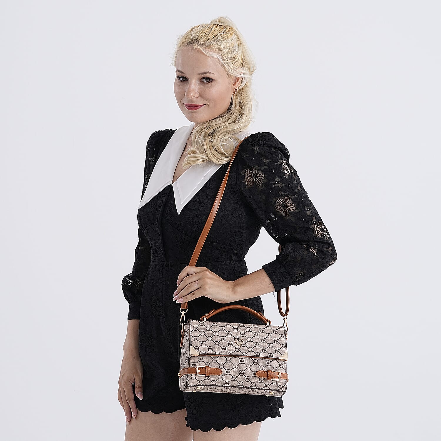 Designer-Inspired Geometric Pattern Sling Handbag - Light Khaki