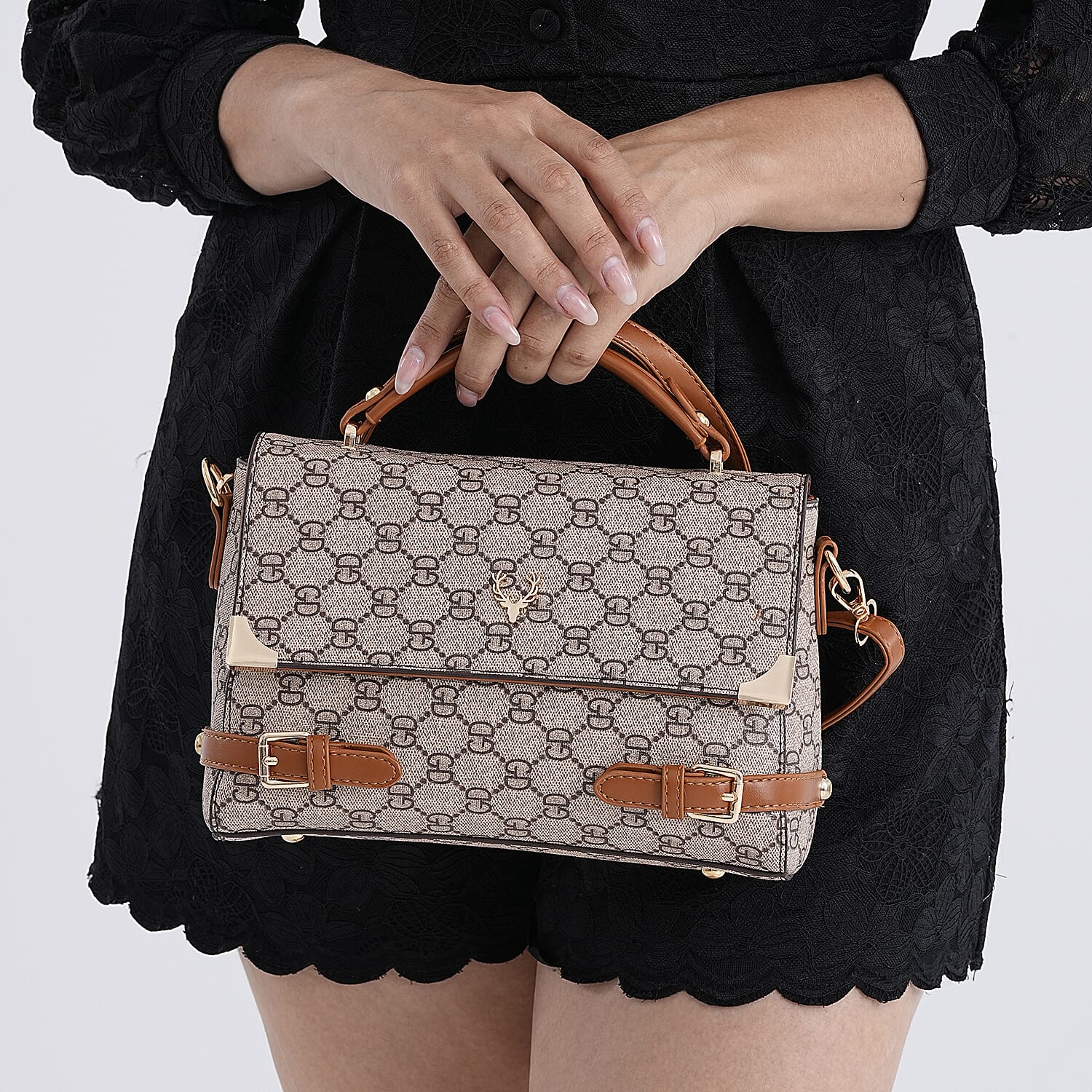 Designer-Inspired Geometric Pattern Sling Handbag - Light Khaki