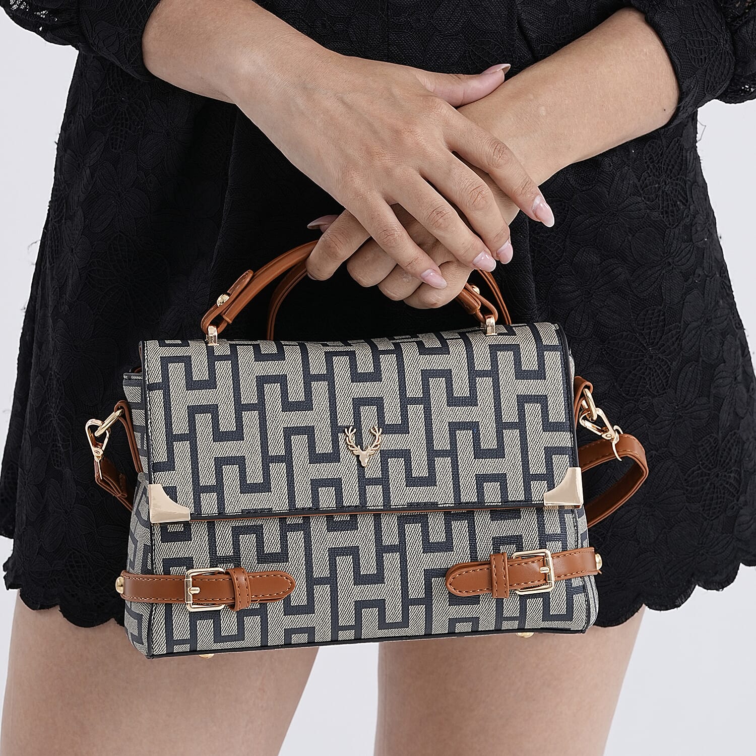 Designer-Inspired Geometric Pattern Sling Handbag - Blue