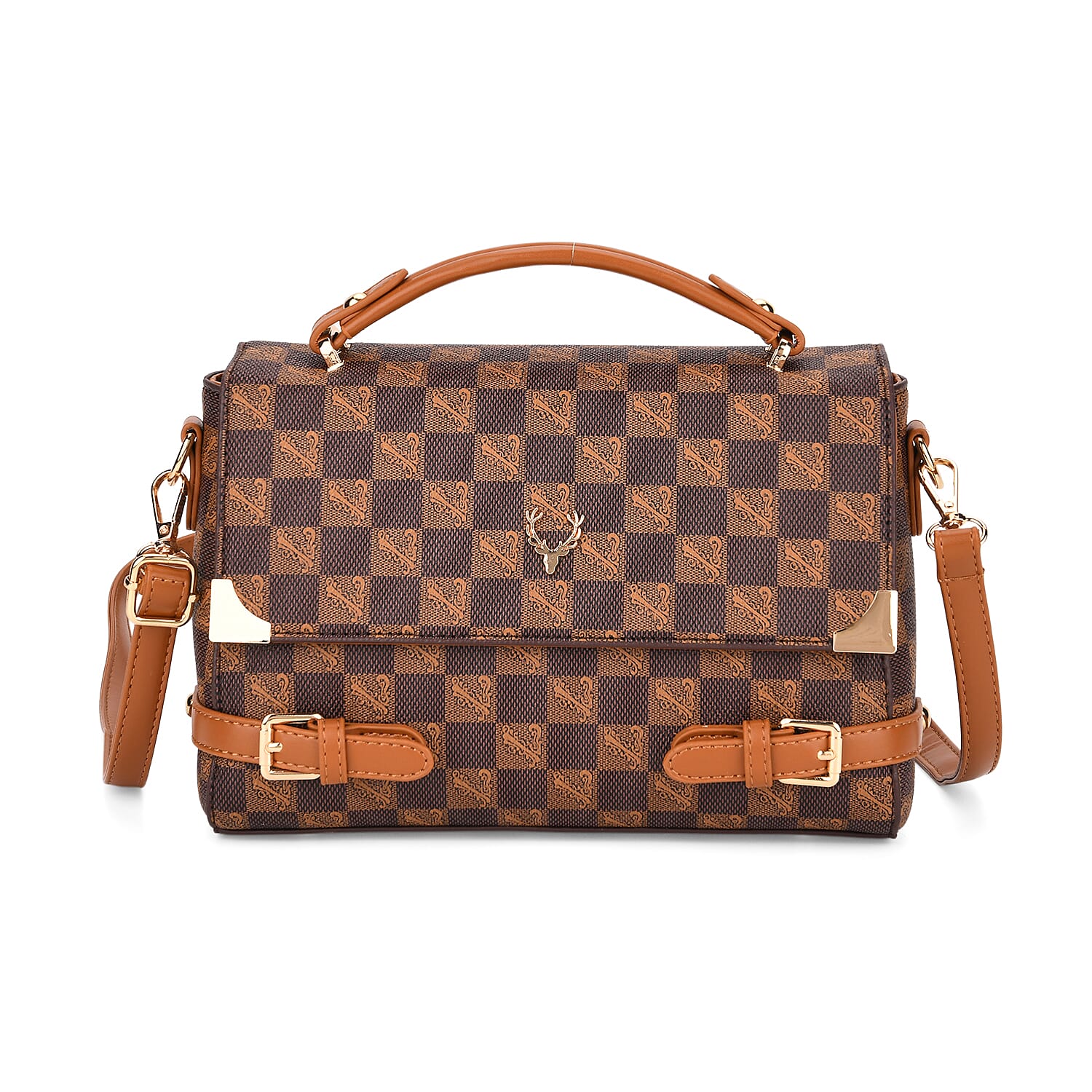 Designer-Inspired Geometric Pattern Sling Handbag - Light Brown