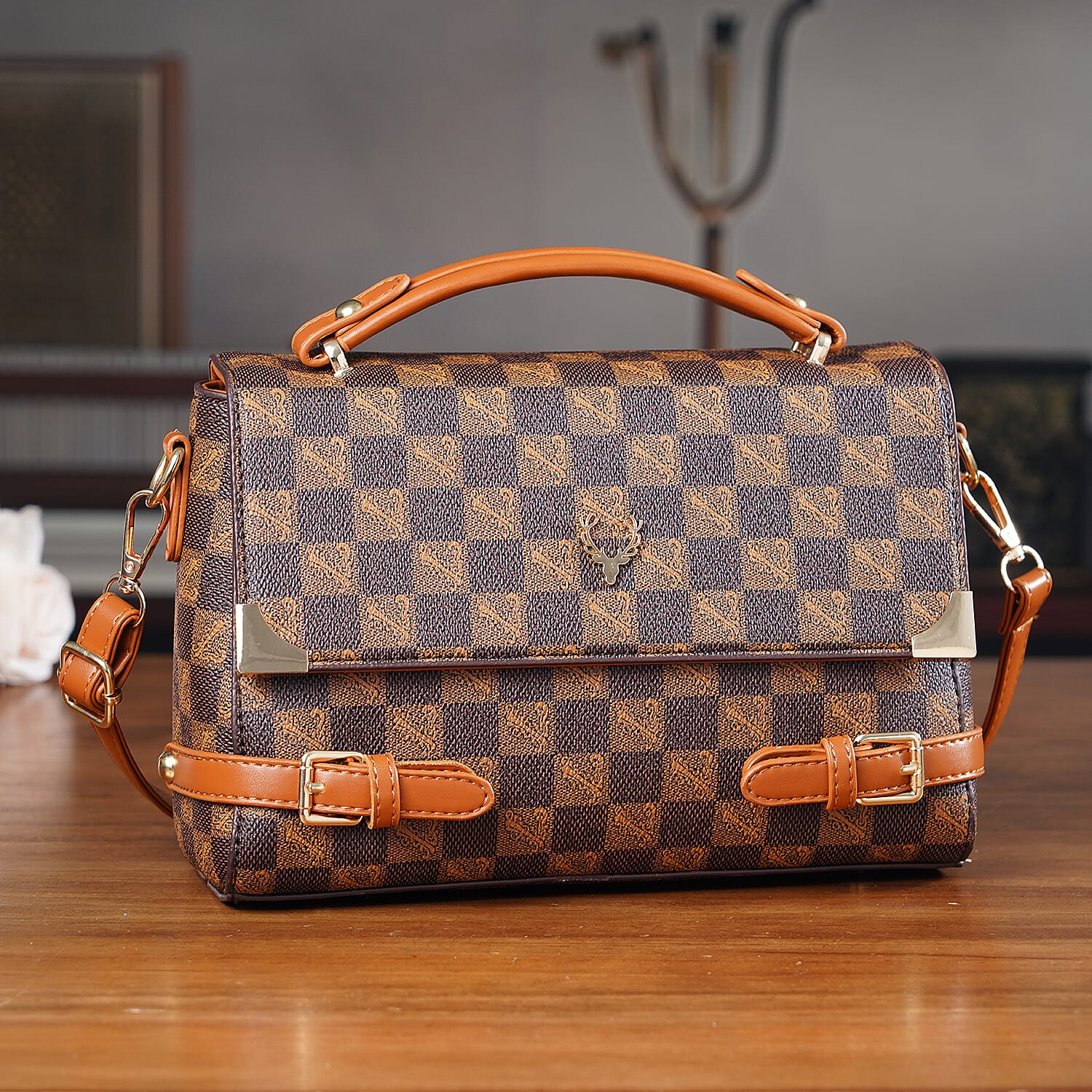 Designer-Inspired Geometric Pattern Sling Handbag - Light Brown