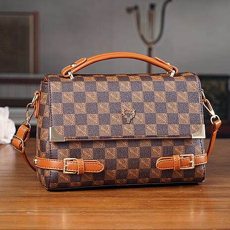 Designer-Inspired Geometric Pattern Sling Handbag - Light Brown