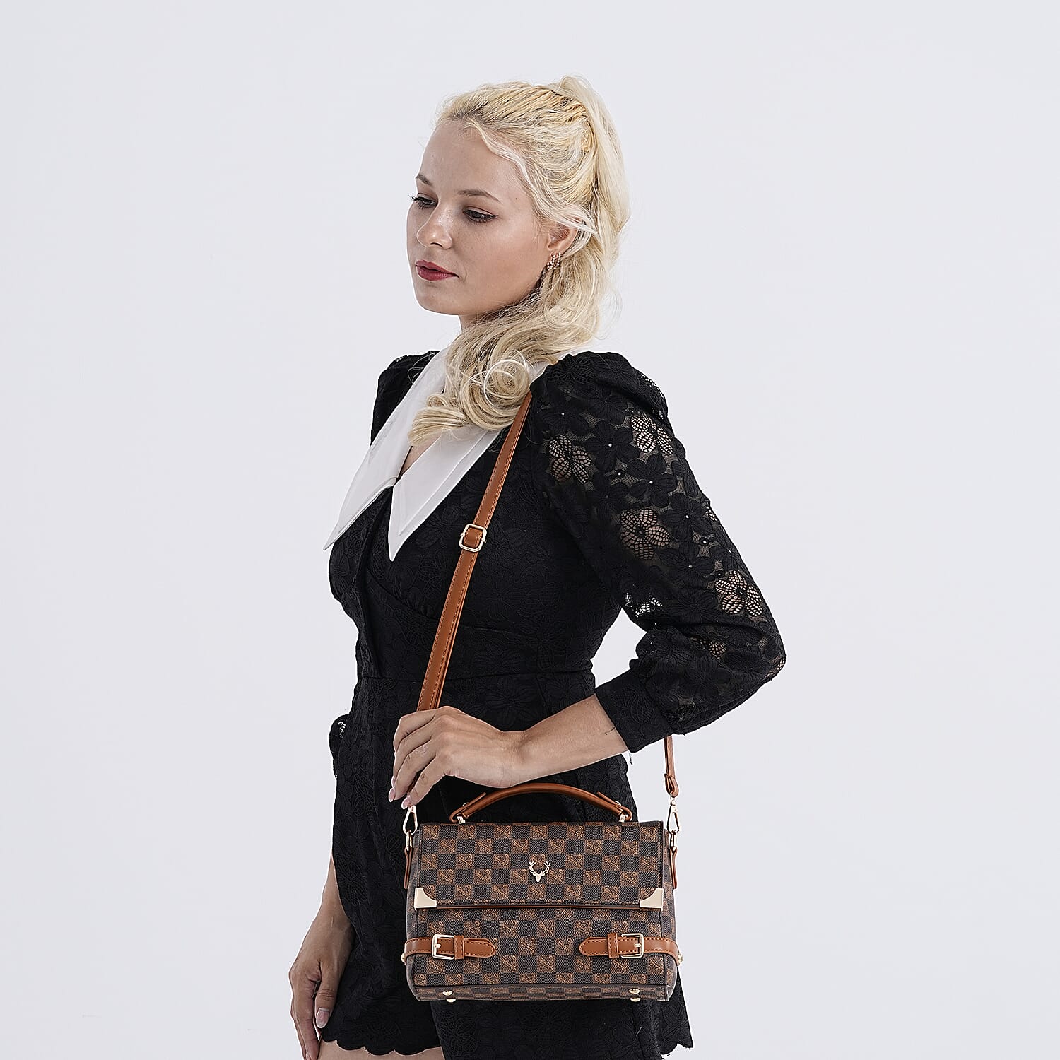 Designer-Inspired Geometric Pattern Sling Handbag - Light Brown