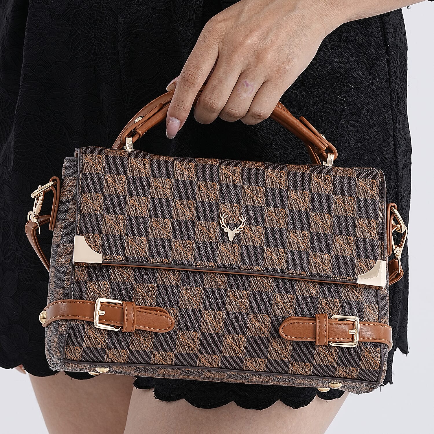 Designer-Inspired Geometric Pattern Sling Handbag - Light Brown