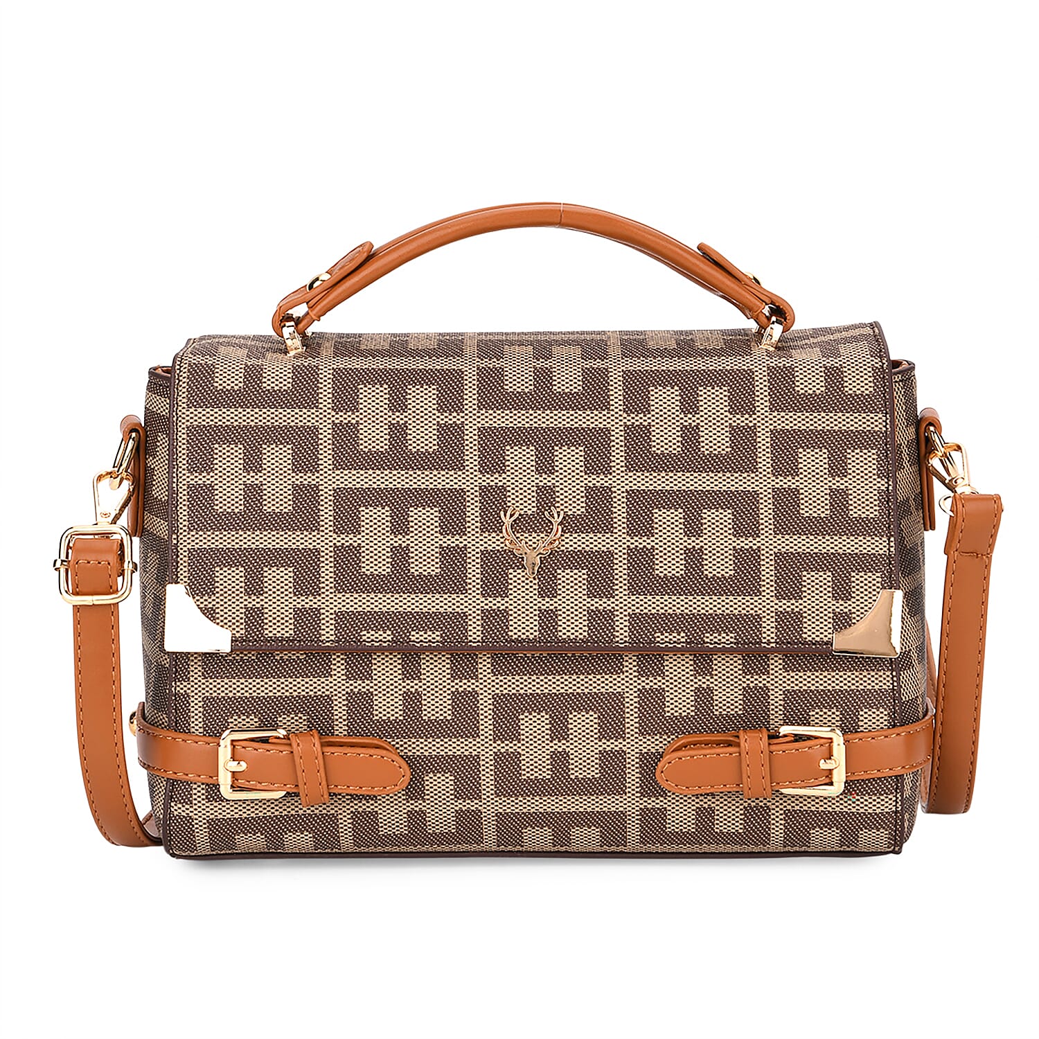 Designer-Inspired Geometric Pattern Sling Handbag - Khaki