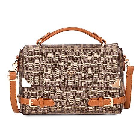Designer-Inspired Geometric Pattern Sling Handbag - Khaki