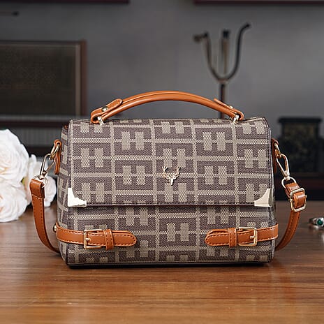 Designer-Inspired Geometric Pattern Sling Handbag - Khaki