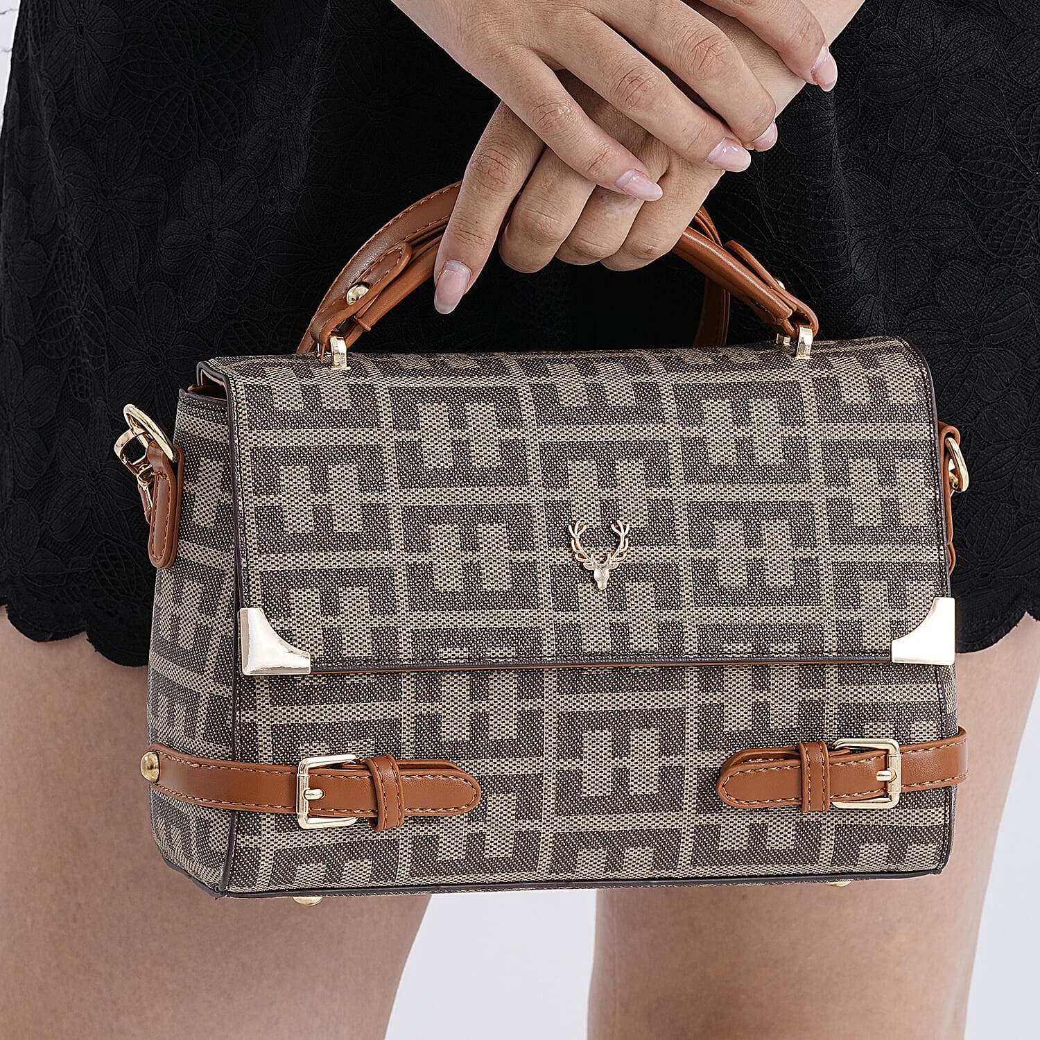 Designer-Inspired Geometric Pattern Sling Handbag - Khaki