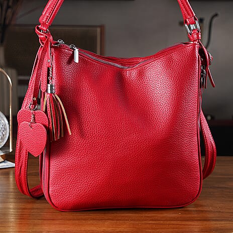 Leatherette Hobo Bag with Heart Charm & Crossbody Strap (125 cm) - Red