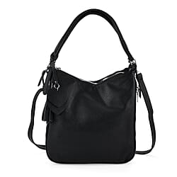 Leatherette Hobo Bag with Heart Charm & Crossbody Strap (125 cm) - Black
