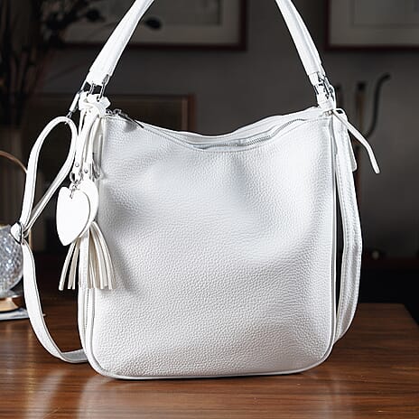 Leatherette Hobo Bag with Heart Charm & Crossbody Strap (125 cm) -  White