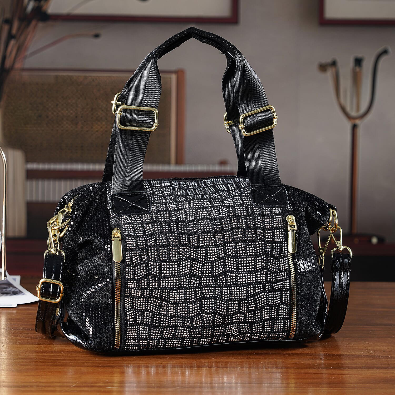 Stylish Sequin Crossbody Bag with Rhinestone Detail - Black