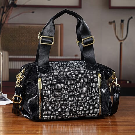 Stylish Sequin Crossbody Bag with Rhinestone Detail - Black