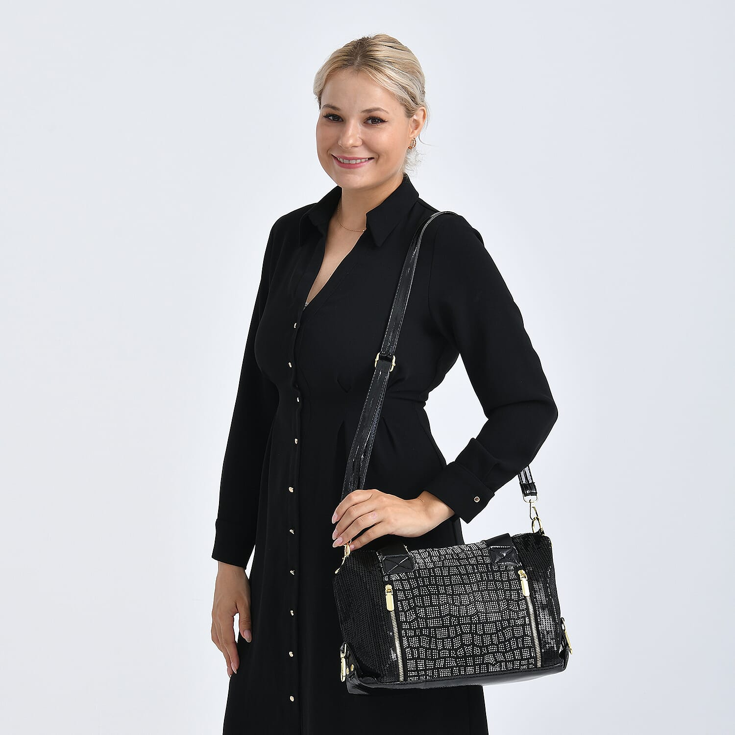 Stylish Sequin Crossbody Bag with Rhinestone Detail - Black