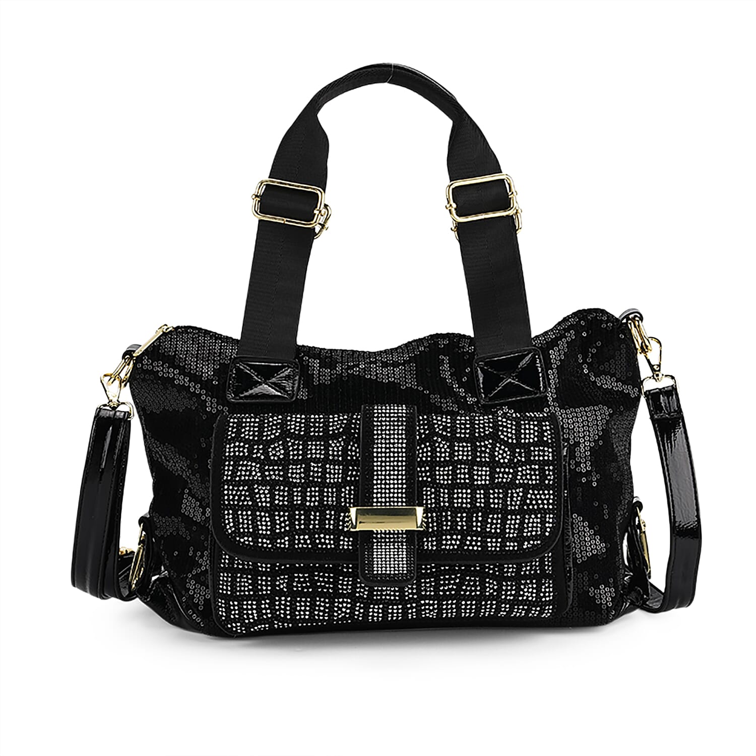 Stylish Sequin Crossbody Bag with Rhinestone Detail - Black