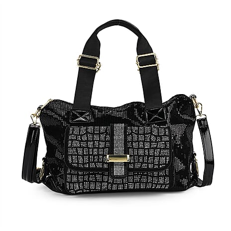 Stylish Sequin Crossbody Bag with Rhinestone Detail - Black